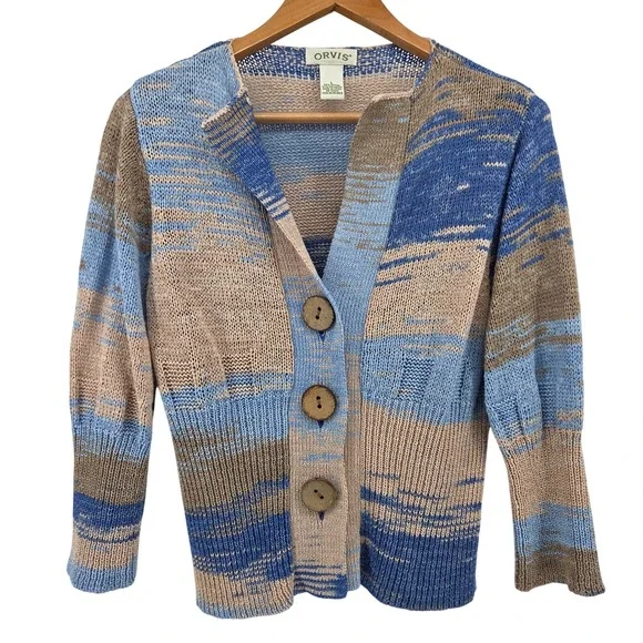 Orvis Cardigan Sweater Womens L Blue Tan Space Dye Knit Button Front Coastal - Picture 1 of 8